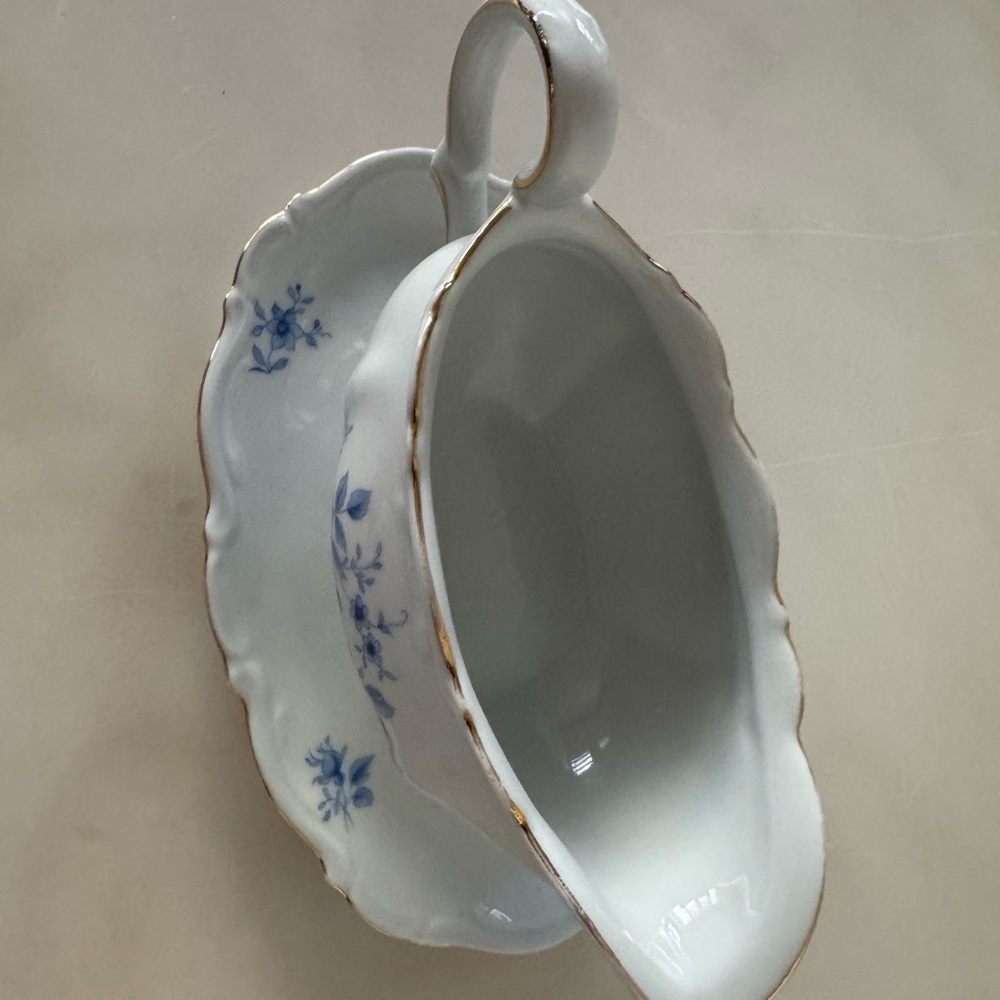 Antique Mitterteich. Rhapsody In Blue. Gravy Boat with Attached Underplate.